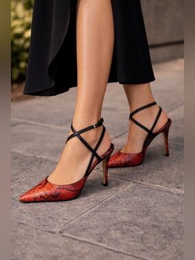 Laundry By Shelli Segal Red Snakeskin Crisscross Ankle-Strap Pumps
